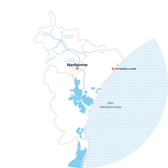 Carte de situation de Saint-Pierre-la-Mer, sur le littoral à l’est de Narbonne